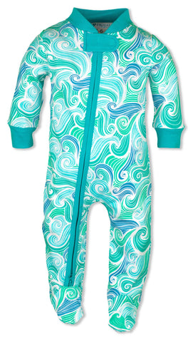 Baby Pajamas Organic Cotton Blue Swirl Waves Zipper Sleeper- Gender Neutral